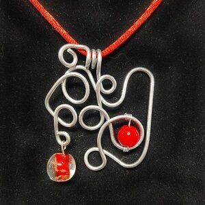 Unique Stainless Steel Twisted Necklace on Satin Cord with Red Glass Beads